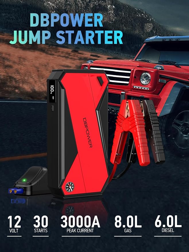 DBPOWER Peak 3000A 18000mAh Portable Car Jump Starter (up to 8.0L Gas, 6.0L Diesel Engine) Battery Booster with Smart Charging Port, Compass, LCD Screen and LED Light (Black/Red)