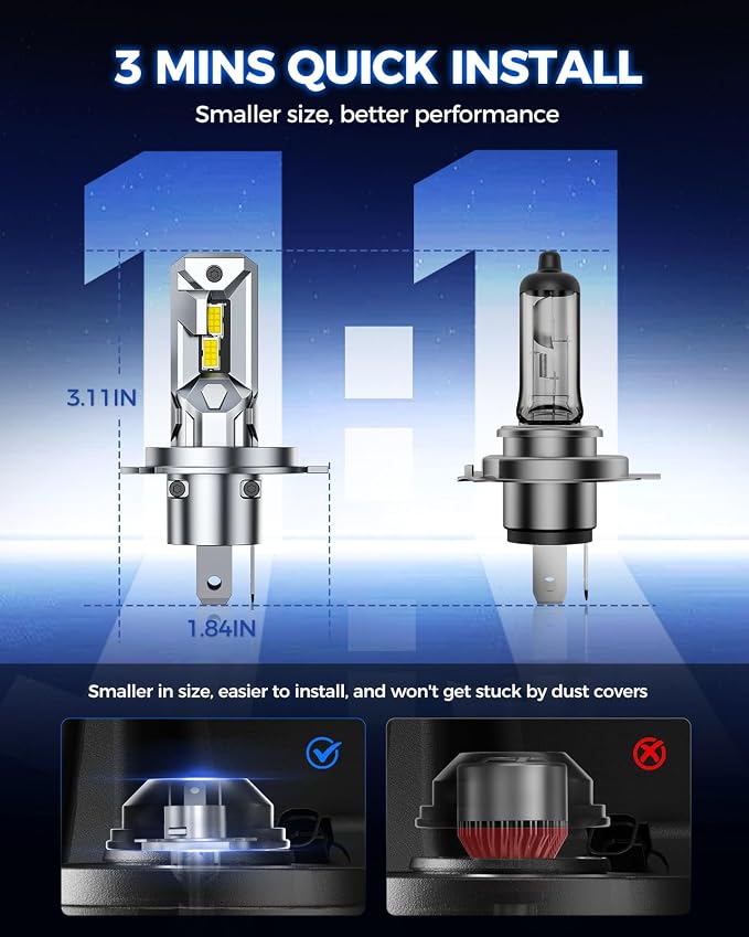 Marsauto H4/9003 Bulbs, 40000LM 800% Super Output, 6500K Cool White, 1:1 Mini Size Replacement Light Bulbs, Plug-N-Play, Pack of 2