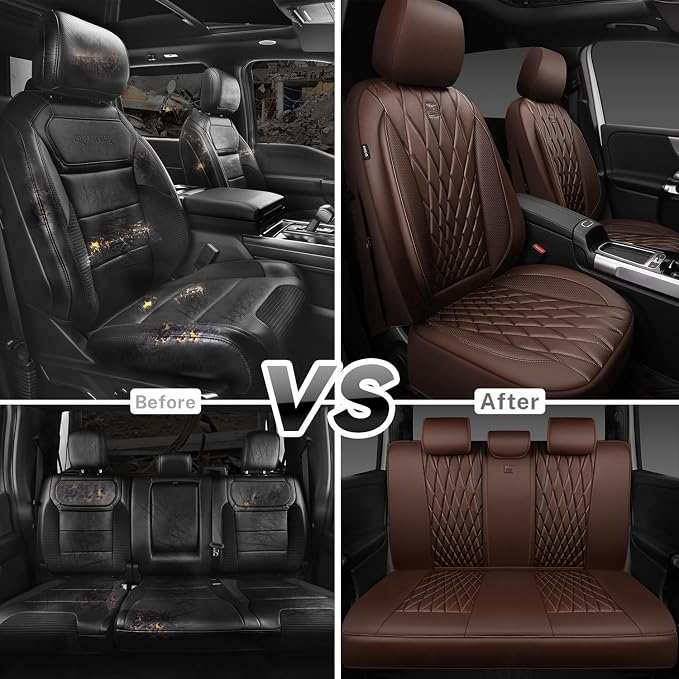 CAR PASS Piping Luxury Faux Leather Seat Covers Full Set, 5 Seats Anti-Slip Waterproof Seat Covers Compatible with Front Armrests, Universal Fit for Suvs,Vans,Trucks,Airbag Compatible, Pure Brown
