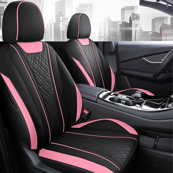 SanQing Car Seat Covers Full Set, Super Luxurious Heavy Duty Waterproof Leather Automotive Vehicle Cover for Cars SUV Pick-up Truck, Universal Non-Slip Seat Car Pink Accessories (Full Set/Pink Black)