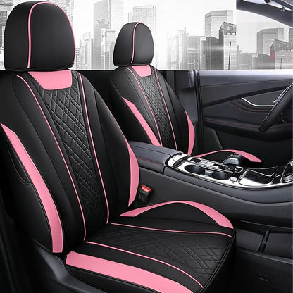 SanQing Car Seat Covers Full Set, Super Luxurious Heavy Duty Waterproof Leather Automotive Vehicle Cover for Cars SUV Pick-up Truck, Universal Non-Slip Seat Car Pink Accessories (Full Set/Pink Black)