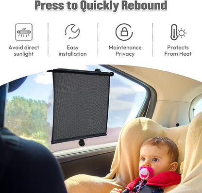 2 Pack Car Side Window Sun Shade - Retractable Car Roller Sunshadewith Reinforced Suction Cups, Drop Down UV Interior Sunshade, Stroller Window Sunshade (15" x 17")