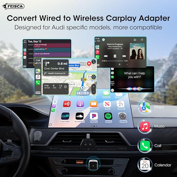Wireless Carplay Adapter for iPhone, Convert Wired to Apple Carplay Wireless Adapter, Mini Size, Plug and Play, Connection Stable No Delay Car Play for Audi Specific Models