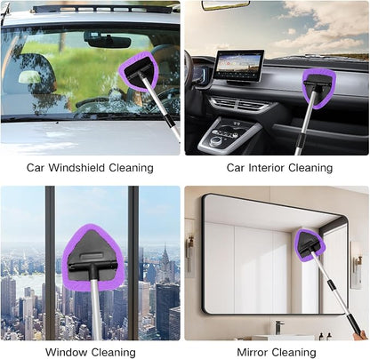 Qydipclin 7pcs Windshield Cleaner Tool Car Window Cleaning Wash Kit with 4 Reusable Microfiber Pads 1 Spray Bottle and Extendable Handle Auto Glass Wiper Kit, Purple