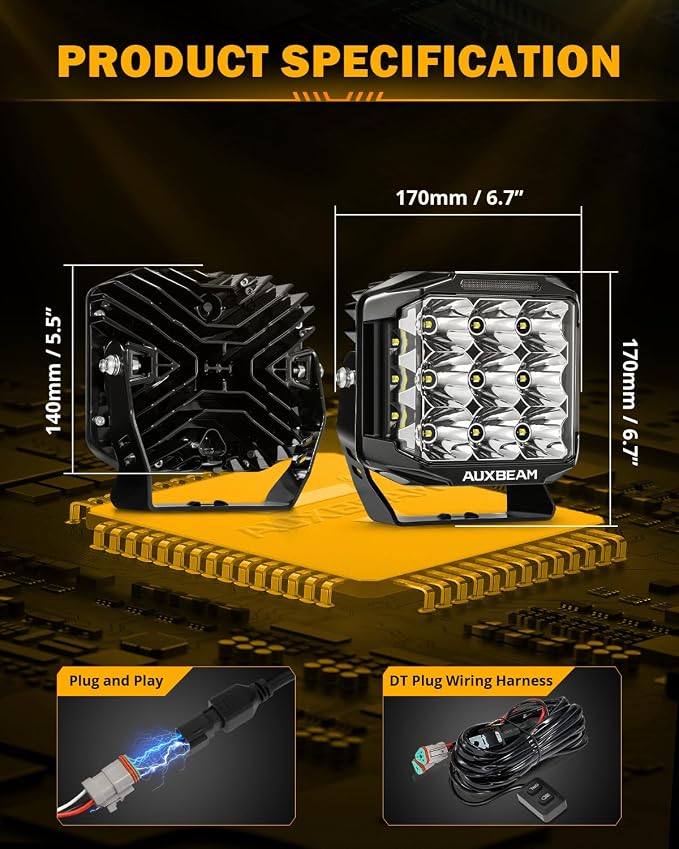Auxbeam 7 Inch LED Pod Lights, V-MAX Series Offroad Driving Cube Lights with Amber DRL& Backlight, 228W Super Bright Spot Flood Combo Beam Universal Auxiliary Ditch Light with Amber Cover, 2PCS
