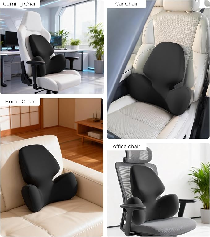 BEBAS Lumbar Support Pillow for Office Chair - Ergonomic Memory Foam Back Cushion for Lower Back Pain Relief - Washable & Breathable Cover - Fits Car Seats, Gaming Chairs & Wheelchairs - Black