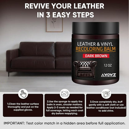 Leather Recoloring Balm - Scratch Repair & Color Restore Kit for Faded Leather, Leather Couch & Car Seats - 12OZ Leather Restorer Balm for Furniture, Auto Interior, Vinyl, Accessories (Dark Brown)