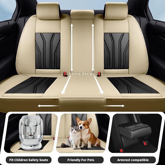 Fit Patriot Car Seat Covers for Jeep Patriot 5 Seats 2007-2016 2017 -Premium Leather, Waterproof & Breathable，All-Weather Seat Cushion Protecto & Airbag Compatible, Full Set Beige & Black