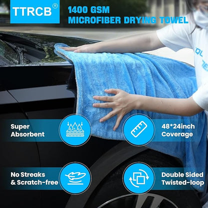 TTRCB 2 Pack Car Drying Towels (48" x 24"), Extra Large Microfiber Towels for Cars, 1400 GSM Ultra-Absorbent, Streak Free, Double Twisted-Loop Drying Towels Car Detailing for SUV, RV, Trucks