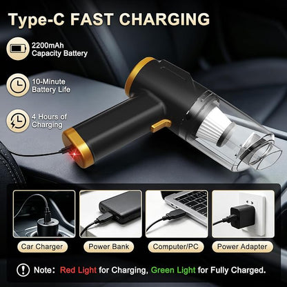 3-in-1 Cordless Handheld Vacuum Cleaner, 10KPa Car Vacuum and Air Duster,Type-C Rechargeable with Washable HEPA Filter and LED Light for Car Interior,Home,Office and Pet Hair
