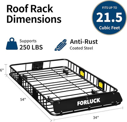 Forluck 54 x 34 x 6 Inch Universal 250 LBS Heavy Duty Roof Rack Cargo Carrier with Waterproof Bag, Extension Rooftop Cargo Carrier, Car Top Luggage Holder for SUV, Truck or RV Steel Construction