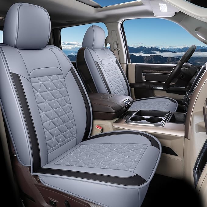 Coverado Car Seat Covers Full Set, Waterproof RAM 1500 Seat Cover Compatible with 2002-2026 RAM 1500 2500 3500 Crew Double Mega Quad Cab with Flat Bench, Gray