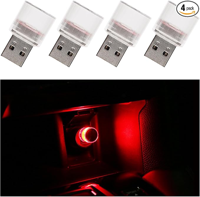 4 PCS USB LED Car Interior Atmosphere Lights, Plug-in USB Automotive Interface Charging Night Lamps, Mini Vehicle Interior LED Atmosphere Light for Car, Bedroom, Hallway (Red)