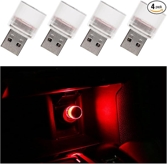 4 PCS USB LED Car Interior Atmosphere Lights, Plug-in USB Automotive Interface Charging Night Lamps, Mini Vehicle Interior LED Atmosphere Light for Car, Bedroom, Hallway (Red)