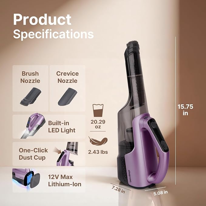 Shop-Vac S2 12V Handheld Vacuum Cordless, Dual-Speed Powerful Portable Car Vacuum Rechargeable, Wall-Mounted Lightweight Hand Vacuum for Home & Car, LED Light, HEPA Filter, Purple