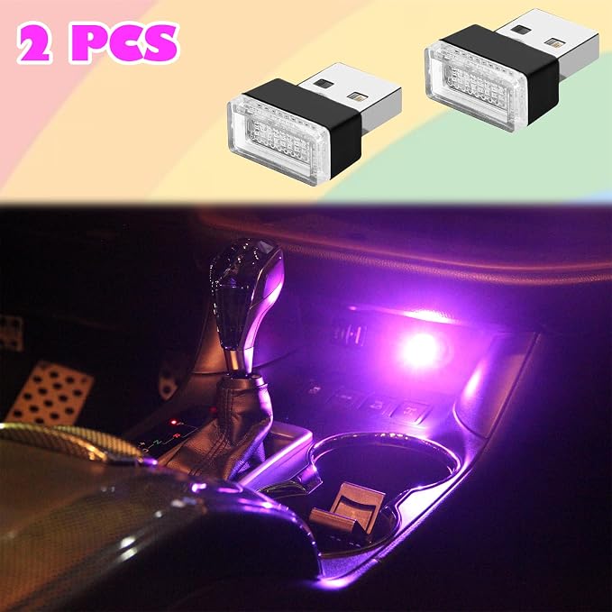 USB LED Car Interior Atmosphere Lights, 2 PCS, Night Light, Decoration Lamp USB Night Light for All Car Interiors (Pink Purple)