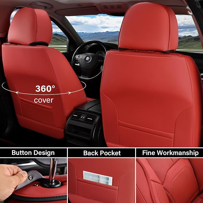 Coverado Seat Covers, Car Seat Covers Front Seats, Premium Nappa Leather Seat Covers for Cars, Waterproof Car Seat Protector with Lumbar Support, Front Seat Covers Universal Fit for Most Cars (Red)