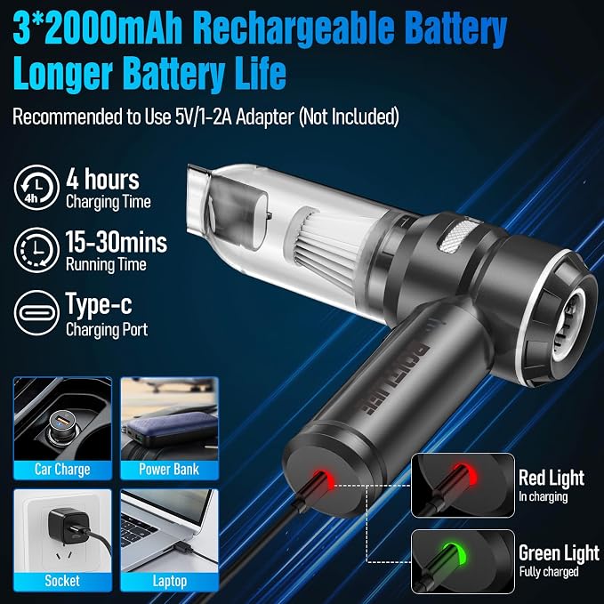 Handheld Car Vacuum Cleaner Cordless,18000PA High Power Portable Vacuum Cleaner&Air Duster,3 Gear,7 in 1 Small Vacuum Cleaner Rechargeable,Mini Hand Held Vacuum for Car Home Office Keyboard