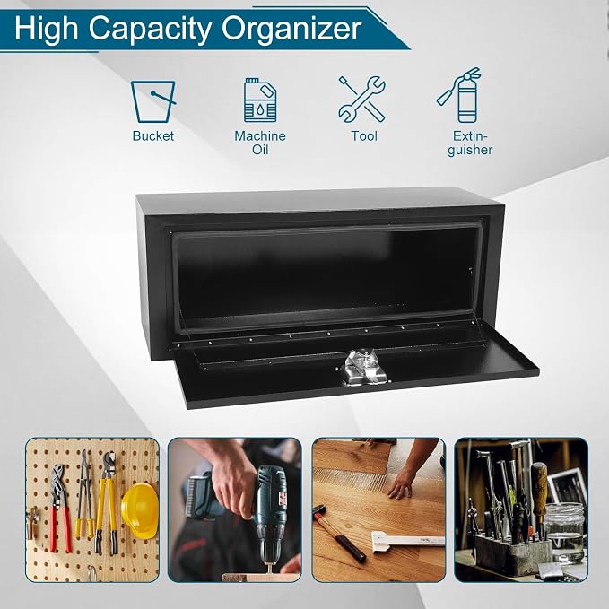 36"X12"X14" Underbody Truck Box Black Heavy Duty Steel Trailer Box Pick Up Truck Tool Box Storage Organizer w/Lock & eys