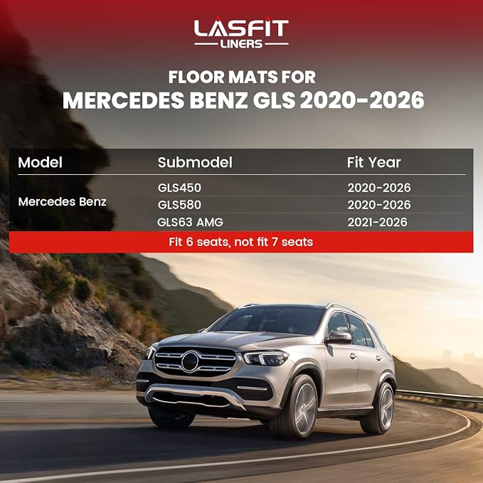 LASFIT Floor Mats Fit for Mercedes Benz GLS 450/580/63 AMG 2020-2026 (Only Fit 6 Seats with Center Console), All Weather TPE Floor Liners for Mercedes GLS 2020-2026, 1st & 2nd & 3rd Row Set