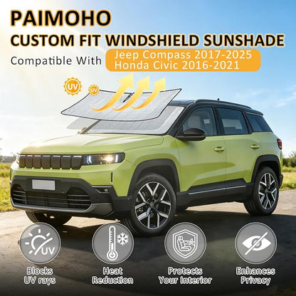 Thickened Sun Shade for Jeep Compass 2017-2025, 2016-2021 Civic | Accordion Front Window Sunshade Aluminum Reflective UV Protection Shield, Foldable Sun Visor with Storage Bag Car accessories