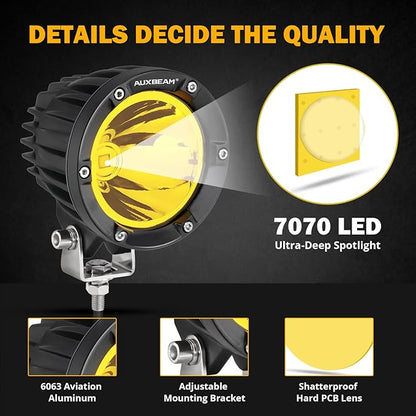 Auxbeam 4 Inch 72W Amber Fog Lights, 2PCS 7200LM LED Round Offroad Light Pods, Yellow Spot Beam Driving Off Road Work Light Bar with Wiring Harness Kit for Jeep Vehicle Pickup Trucks ATV UTV SUV