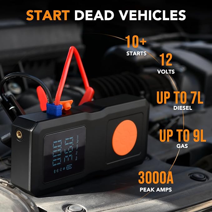 Car Battery Jump Starter with Tire Inflator Portable Air Compressor, Jump Pack for 1.5L-8L Gas & Diesel Vehicles (All 12V Batteries Car), Fast Battery Booster for Men Dad