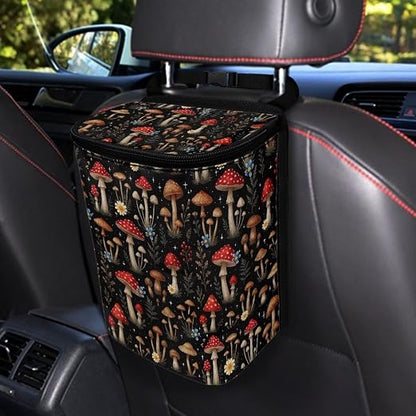 Vibrant Mushroom Floral Pattern Car Trash Can with Lid and Zipper Portable Foldable Trash Bin for Car Interior Accessories Multipurpose Garbage Can Bags Storage Organizer