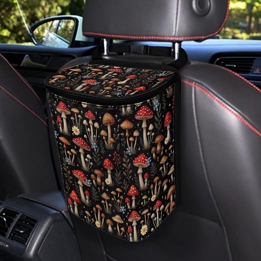 Vibrant Mushroom Floral Pattern Car Trash Can with Lid and Zipper Portable Foldable Trash Bin for Car Interior Accessories Multipurpose Garbage Can Bags Storage Organizer