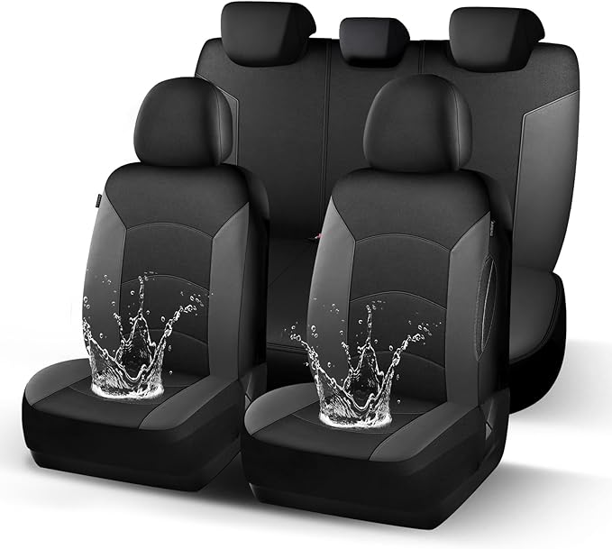 HChengkikz Car Seat Covers Full Set, Waterproof Neoprene Car Seat Covers, Airbag Compatible, Universal Automotive Seat Covers for Most Sedans, SUVs, Trucks (Black + Darkgray)