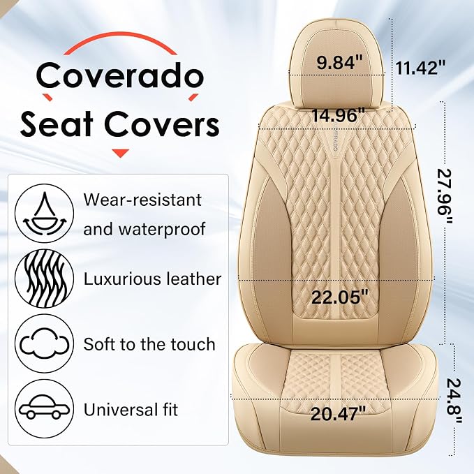 Coverado Seat Covers Front Seats, Waterproof Car Seat Covers, Luxury Leather Seat Covers for Cars, Automotive Seat Covers Leather Seat Cushion Protector Universal Fit Most Cars SUVs Trucks, Beige