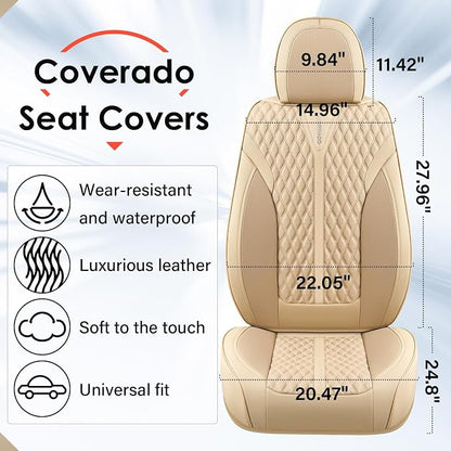 Coverado Seat Covers Front Seats, Waterproof Car Seat Covers, Luxury Leather Seat Covers for Cars, Automotive Seat Covers Leather Seat Cushion Protector Universal Fit Most Cars SUVs Trucks, Beige
