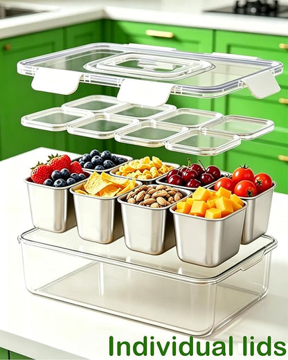 Snackle Box Container, Stainless Steel Divided Serving Tray with Lid and Handle,Large Snack Tray for Fruit Veggie, 8-Compartment Snack Platter for Travel Party Beach Picnic,with Ice Pack(Silver White)