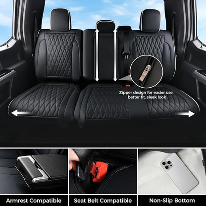 Coverado Premium Leather Full Set Seat Covers Waterproof Heavy-Duty Protectors Custom Fit for Ford F150 (2015-2026) F250/F350/F450 (2017-2026)-Black w/White Stitching, Wear-Resistant