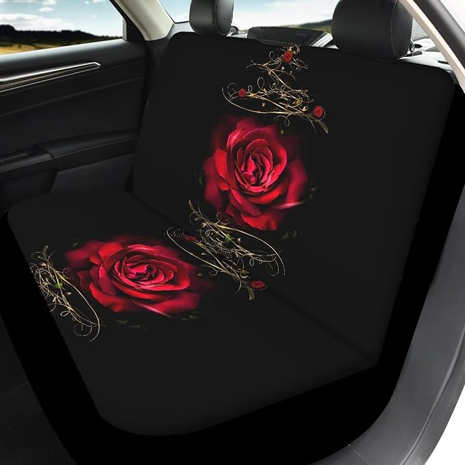 Red Rose Car Seat Covers Full Set,Vintage Floral Decorative Flower Print Vehicle Front Rear Bench Cushion Protectors for Women Men Auto Interior Accessories Universal Fit for Trucks Sedans