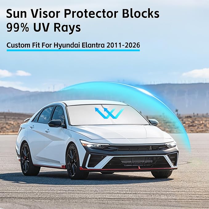 Windshield Sun Shade for Hyundai Elantra 2011-2026 Sunshade 300T Windshield Cover Protector Blocks UV Rays Custom Fit Elantra Front Window Shades Windshield Accessories Keep Cool Foldable