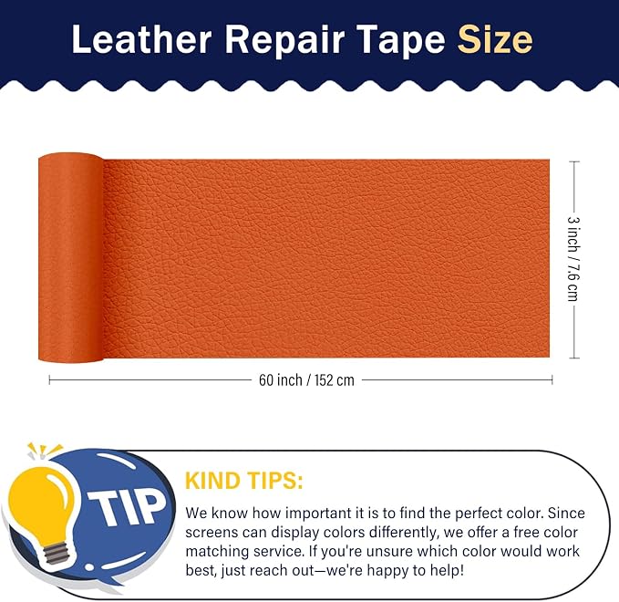 Zenyao Leather Repair Patch Tape - Self Adhesive Leather Repair Kit for Car Seat Furniture, Heavy Duty Vinyl Repair Patch for Couch Sofa, Waterproof for Rips Scratches Tears, 3x60 Inch Roll, Orange