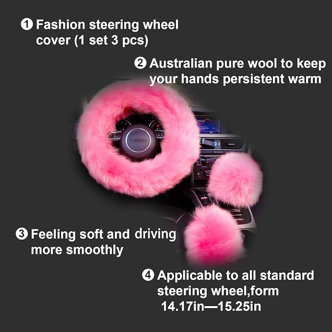 Yontree Fashion Fluffy Steering Wheel Covers for Women/Girls/Ladies/Men Australia Pure Wool Universal 15 Inch 1 Set 3 Pcs (Pink)