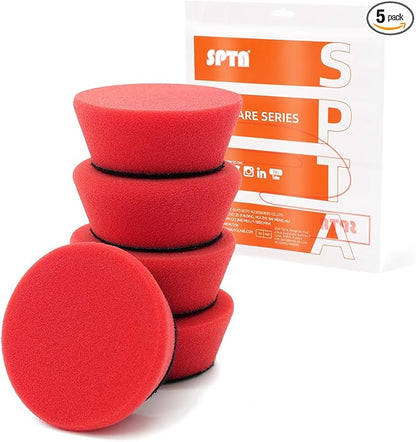SPTA Red T10 Mini Ultra-Fine Finishing Foam Polishing Pads, 5Pcs 2inch/50mm Sponge Polishing Buffing Pads, Car Foam Detail Polishing Pad Kit for Car Detail Polishing, Small Area Polishing -FPTSS2R