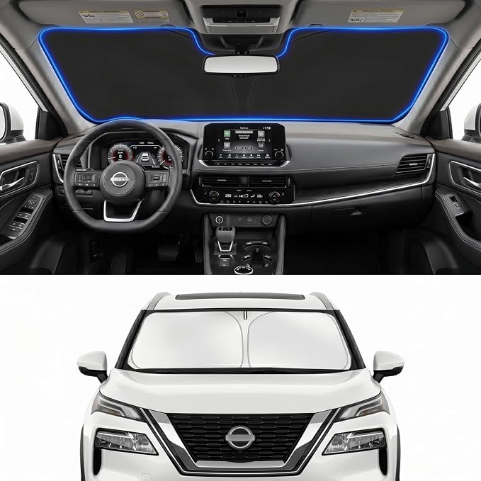 Custom Fit Windshield Sun Shade for Nissan Rogue 2021-2026 | Perfect Vehicle Fit, Cooler Interior, Blocks UV Rays, Stronger Frame, Easy Fold & Store
