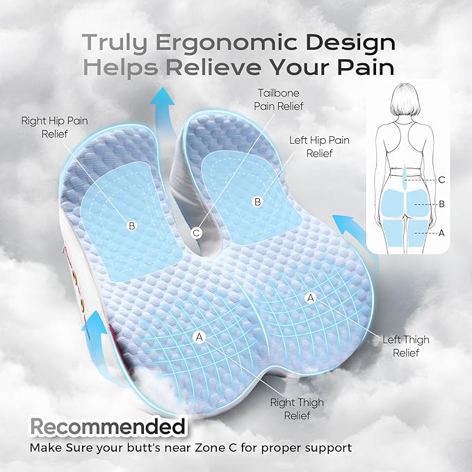 Seat Cushion for Tailbone Pain Relief, Firm Support Won't Flatten, Adds 2–3" Height, X-Large Cushion for Long Sitting, Office Chair, Car Seat & Work from Home (Blue)