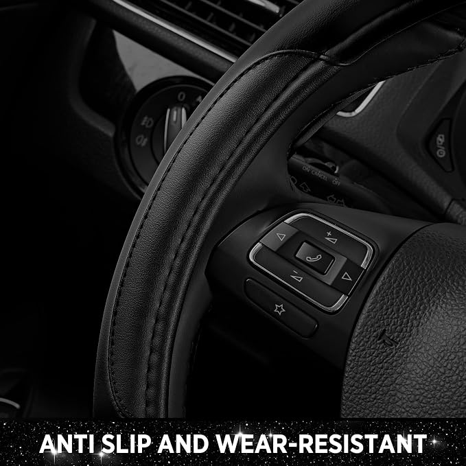 Road Comforts Leather Steering Wheel Cover - Made with PVC Leather - Anti-Slip, Universal Fit 14 1/2 inches to 15 inches - Black