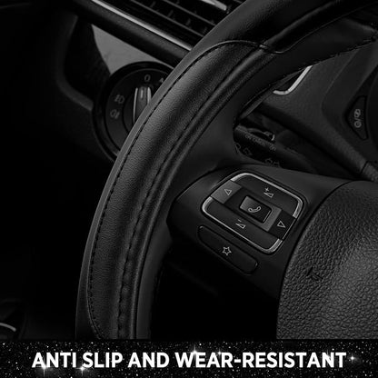 Road Comforts Leather Steering Wheel Cover - Made with PVC Leather - Anti-Slip, Universal Fit 14 1/2 inches to 15 inches - Black