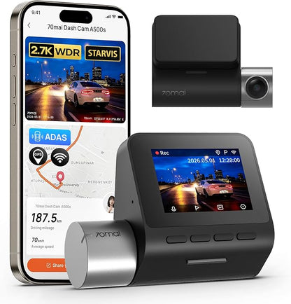 70mai 2.7K Dash Cam Front A500S, 1944P Dash Camera for Cars with Sony IMX335, Dashcam Built-in WiFi GPS, Optional Rear Dashcam, ADAS, 2'' IPS LCD Screen, 24H Parking Mode, WDR, Super Night Vision