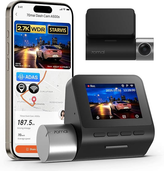 70mai 2.7K Dash Cam Front A500S, 1944P Dash Camera for Cars with Sony IMX335, Dashcam Built-in WiFi GPS, Optional Rear Dashcam, ADAS, 2'' IPS LCD Screen, 24H Parking Mode, WDR, Super Night Vision
