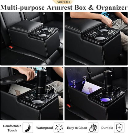 Coverado Car Center Console, Universal Rear Bench Seat Console, Back Seat Car Organizer, Automotive Center Console with Cup Holder & Phone Holder, Central Armrest Box (Update, Black)