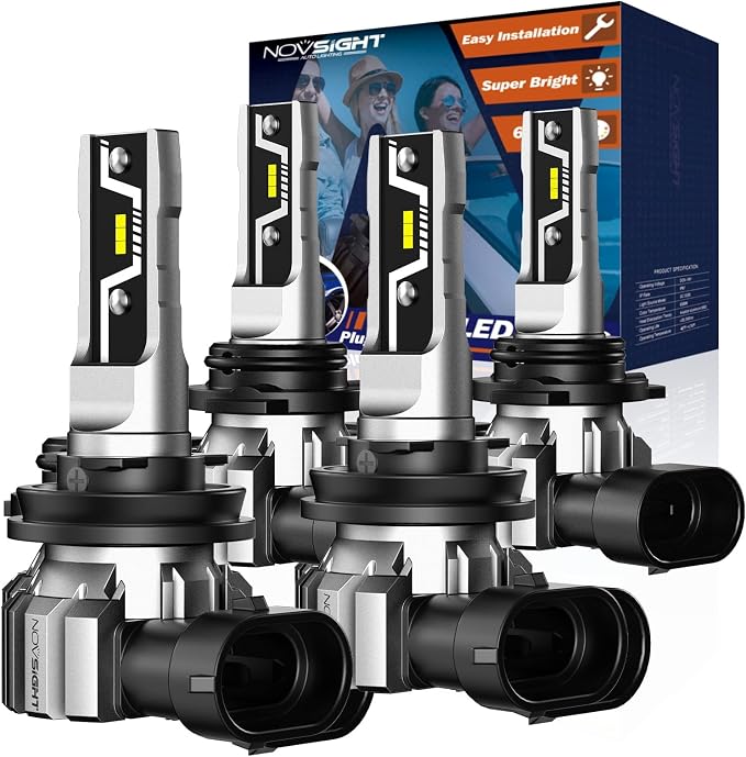 NOVSIGHT H11 9005 LED Light Bulbs - 500% Super Brighter 6500K Cool White, Fanless Light, 1:1 Design, Plug and Play 3 Mins Installation, H8 HB3 Automotive Fog Lamps, Pack of 4 (2 Years)