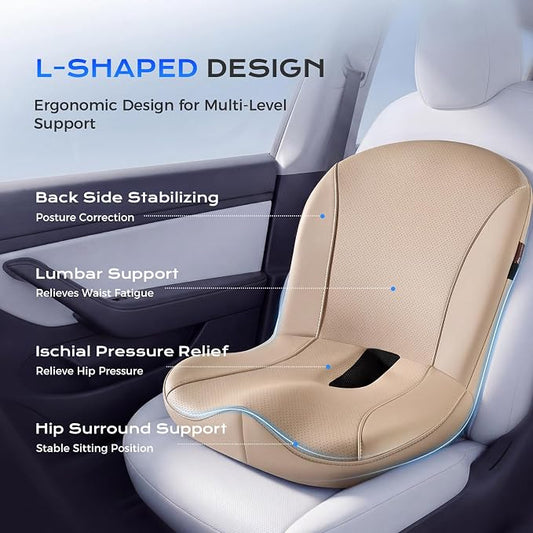 Coverado Car Seat Cushion and Lumbar Support Pillow One Piece, Napa Leather Memory Foam Ergonomic Back Support Driving Seat Cushion for Back Pain, Non-Slip Washable Cushion for Car, Driver, Office
