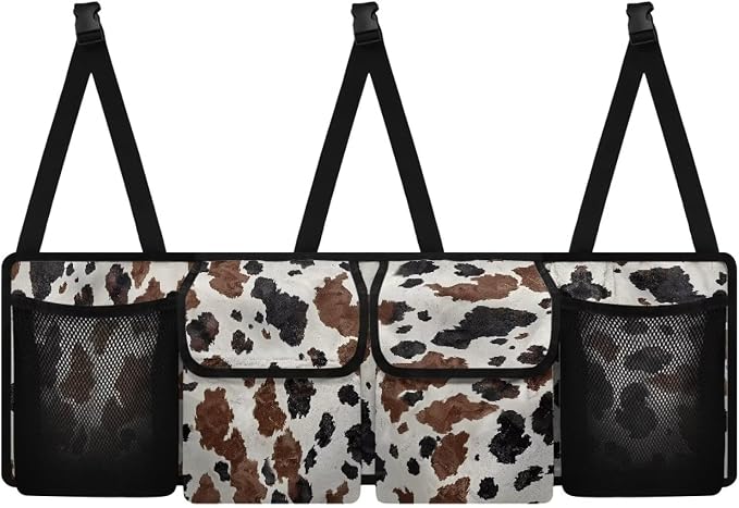 Large Capacity Car Backseat Trunk Organizer with Adjustable Straps Black Hanging Brown Cow Spots Trunk Storage Bag