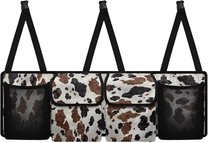 Large Capacity Car Backseat Trunk Organizer with Adjustable Straps Black Hanging Brown Cow Spots Trunk Storage Bag